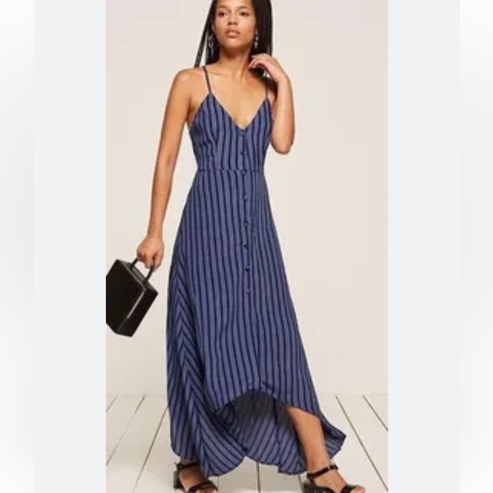 Reformation Savannah Blue Black Striped Button Front Viscose High Low Dress 4